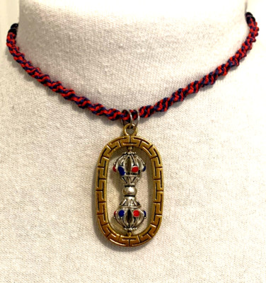 Macramé Adjustable Necklace, Metal Tibetan Buddhist Spinning Prayer Double Wheel