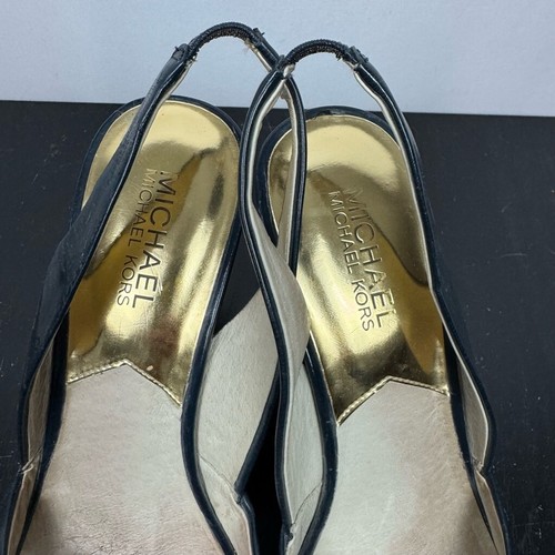 Michael Kors Rochelle Sandal Womens 7.5M Blue Peep Toe Slingback Wedge MK Logo - Picture 9 of 12