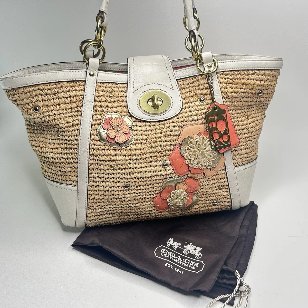 バッグ COACH Hamptons Flower Straw Kisslock Bag Coach Hampton Floral Straw Exterior Bags & Handbags for Women for