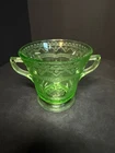Vintage Uranium Glass Sugar Bowl Green Depression Glass Double Handle UV Glow