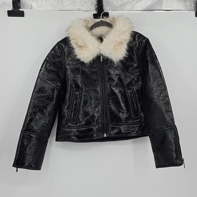Unreal Fur Wet Look Aviator Black Vegan Leather Women's Jacket M