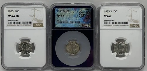 1935 P-D-S Mercury Dime - Set Of 3 NGC MS-67 and MS67 FB