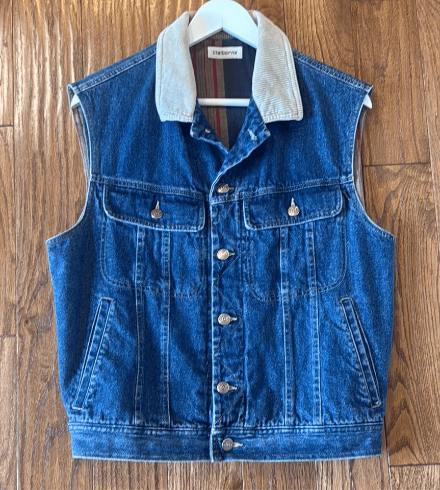Claiborne Vintage Chaleco Vaquero Franela Forrado con Cuello Pana Pequeño Foto 2 de 4