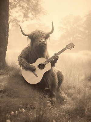 Verspielter Highland Bull spielt Gitarre - Humorvolles Tiermusik Kunstwerk für Zuhause A1