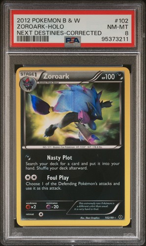 2012 POKEMON BLACK & WHITE NEXT DESTINIES CORRECTED #102 ZOROARK-HOLO PSA 8