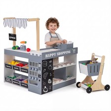 Kids Grocery Store Playset Wooden Pretend Play Supermarket w/Shopping Cart Grey