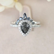Black Rutilated Quartz CZ Engagement Ring N Wedding Band Ring Set Silver S6959