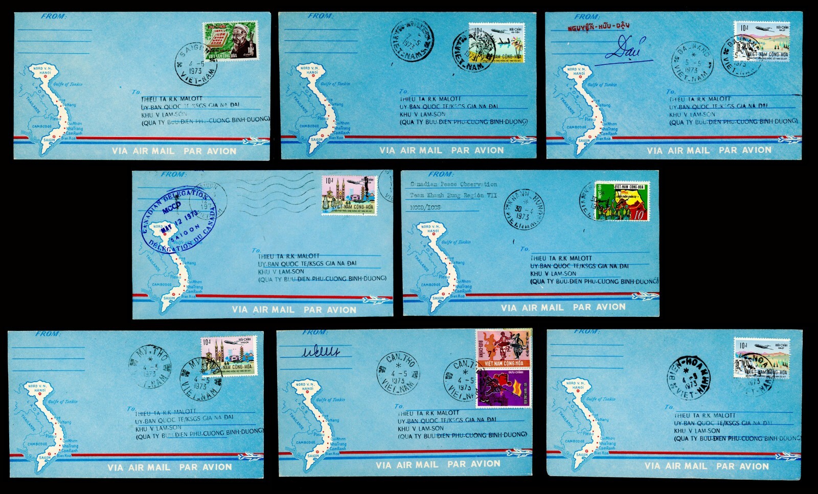South VIETNAM 8 Military Covers Canadian Delegation MCCD w Different PM (L1080)