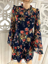 SHEIN Navy Floral Lace Dress Gauntlet Sleeves Size Medium