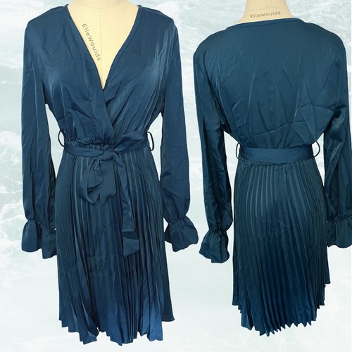 Cupshe Teal Pleated Midi Long Sleeve V Neck Dress Floral Fit & Flare, Size S - 第 1/1 張圖片