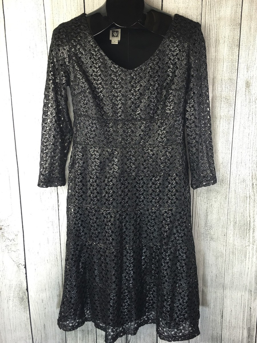 Anne Klein Womens Metallic Lace Dress Black Gunmetal Silver Size 4