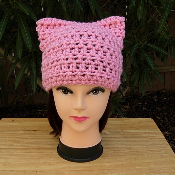 Pussy Cat Hat w/ Ears Womens Light Pink Soft Handmade Crochet Knit