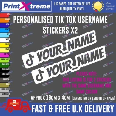 PRINTXTREME LTD 2x Custom TikTok Username Sticker Personalised Vinyl Decal for Car Laptop, Bike