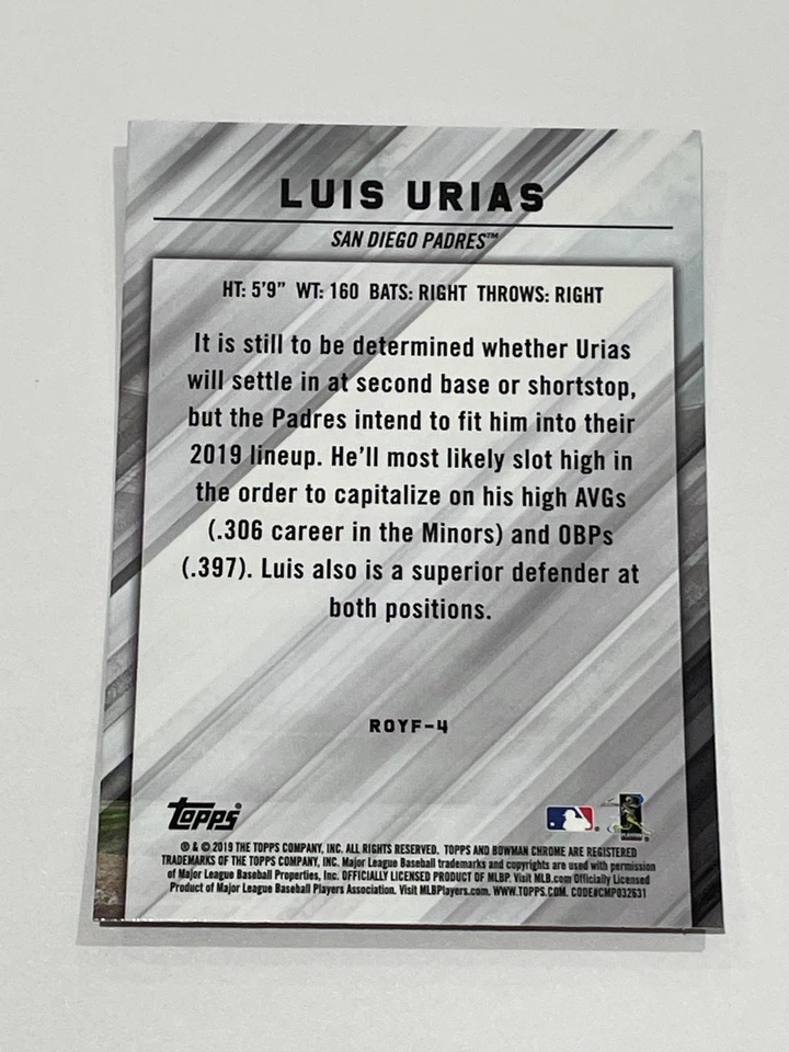2019 Bowman Baseball ROY Favorites - Luis Urias RC - San Diego Padres - Image 2 of 2