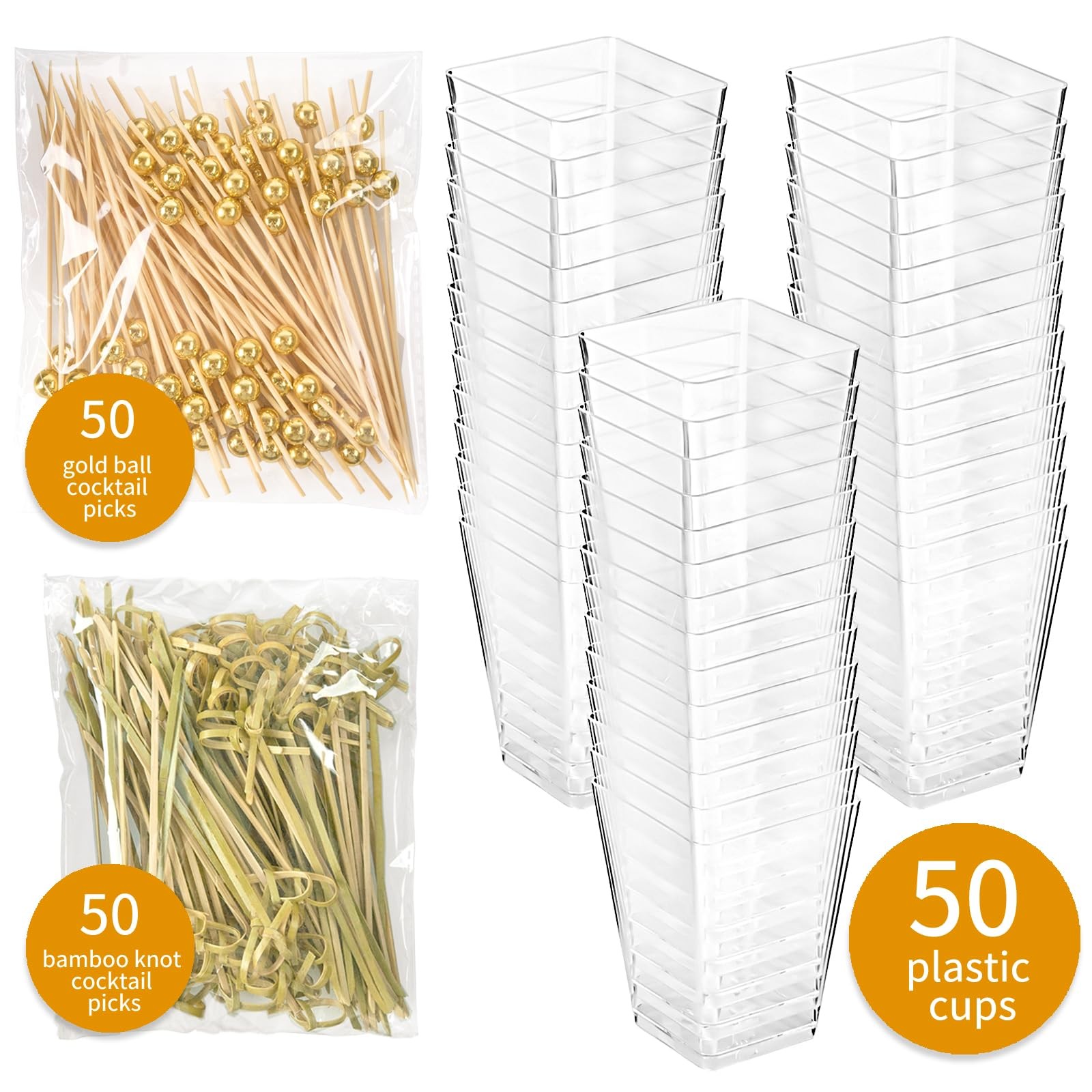 5 oz Plastic Charcuterie Cups 50 Sets with 100 Sticks Square Appetizer Cups
