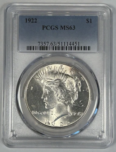 1922 Peace Silver $1 Dollar Coin PCGS MS 63