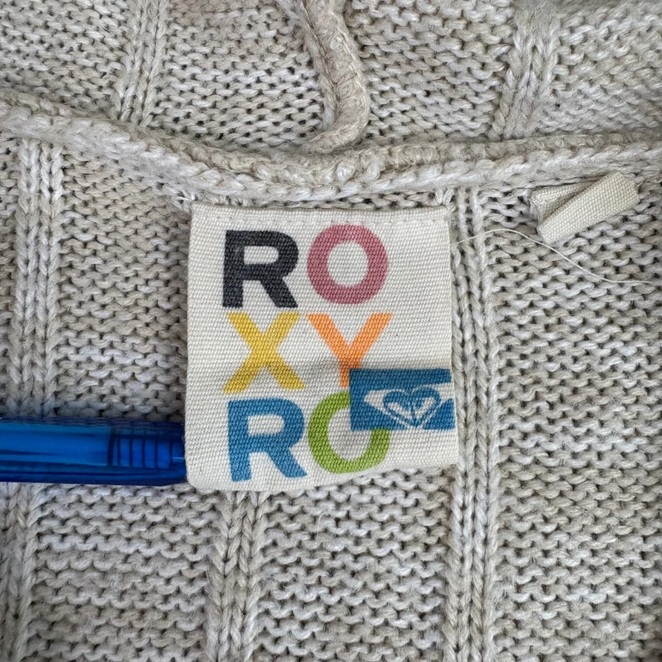 Roxy Womens S Beige Marled Ribbed Hoodie Sweater Kangaroo Pocket Buttons 90s Y2K - Image 4 of 4