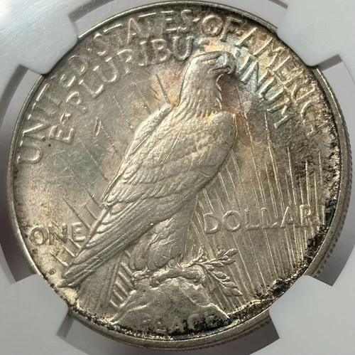 1922-D $1 Peace Silver Dollar NGC AU 58 - Rainbow Toned Reverse - *Chip in Slab*