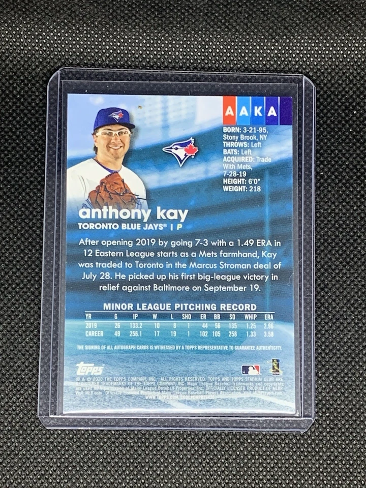 2020 Topps Stadium Club Anthony Kay RC Autograph #AAKA Toronto Blue Jays - Image 2 of 2