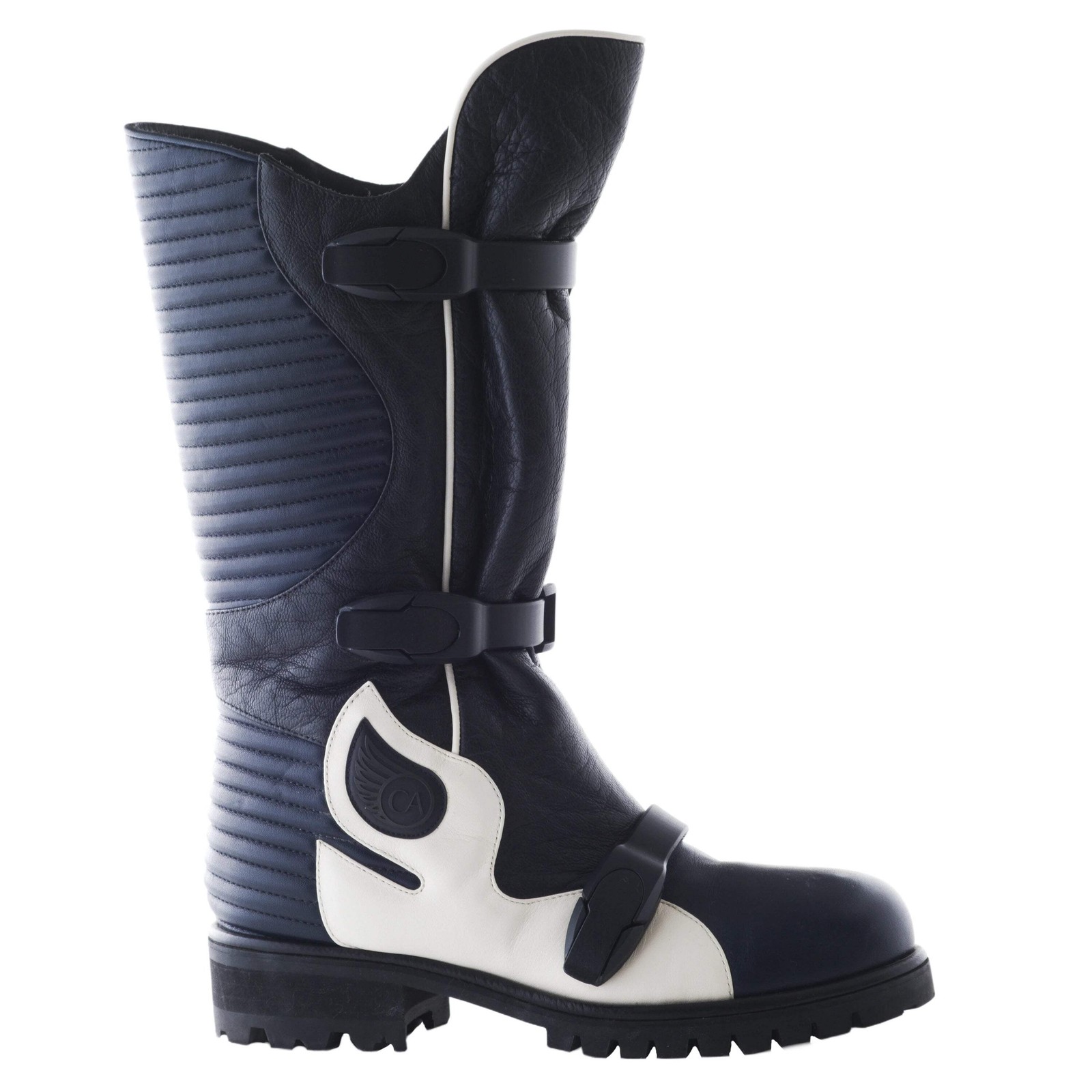 Stivali da combattimento biker Ilga nero blu bianco in pelle con fibbia donna US 6