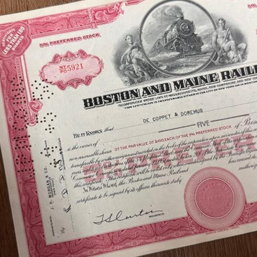 1958 Boston & Maine Railroad Stock Certificate 5 Shares Steam Locomotive Pink