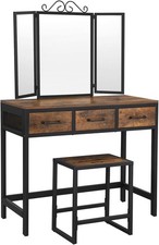 Vanity Dressing Table with Stool Triple Fold Mirror 3 Drawers Rustic Brown UK