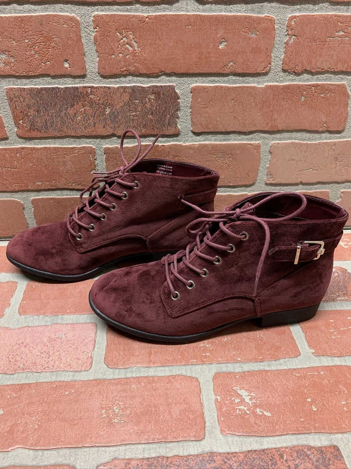 CALL IT SPRING Burgundy Velvet Lace Up Round Toe Ankle Booties Women’s Size 7 - Image 4 of 4