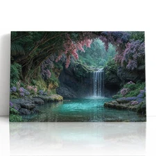 Tropical Waterfall Canvas Print Wall Art – Floral Lagoon Home Decor Art Print