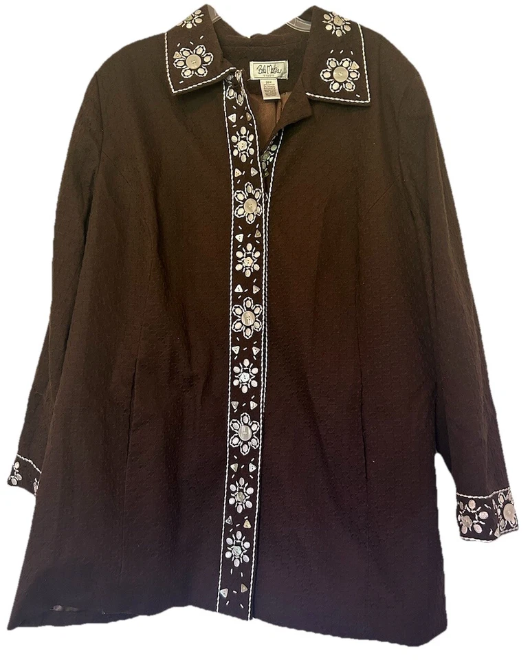 Blazer largo marrón bob mackie usable arte talla grande 26W chaqueta bordada con cuentas Foto 2 de 4