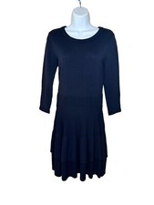 Eliza J Dress Sz S Navy Blue Pleated Fit & Flare Midi 3/4 Sleeve Knit