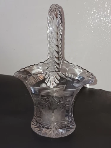 FENTON Vintage ETCHED Carnival CLEAR GLASS Butterfly & Floral Designed BASKET