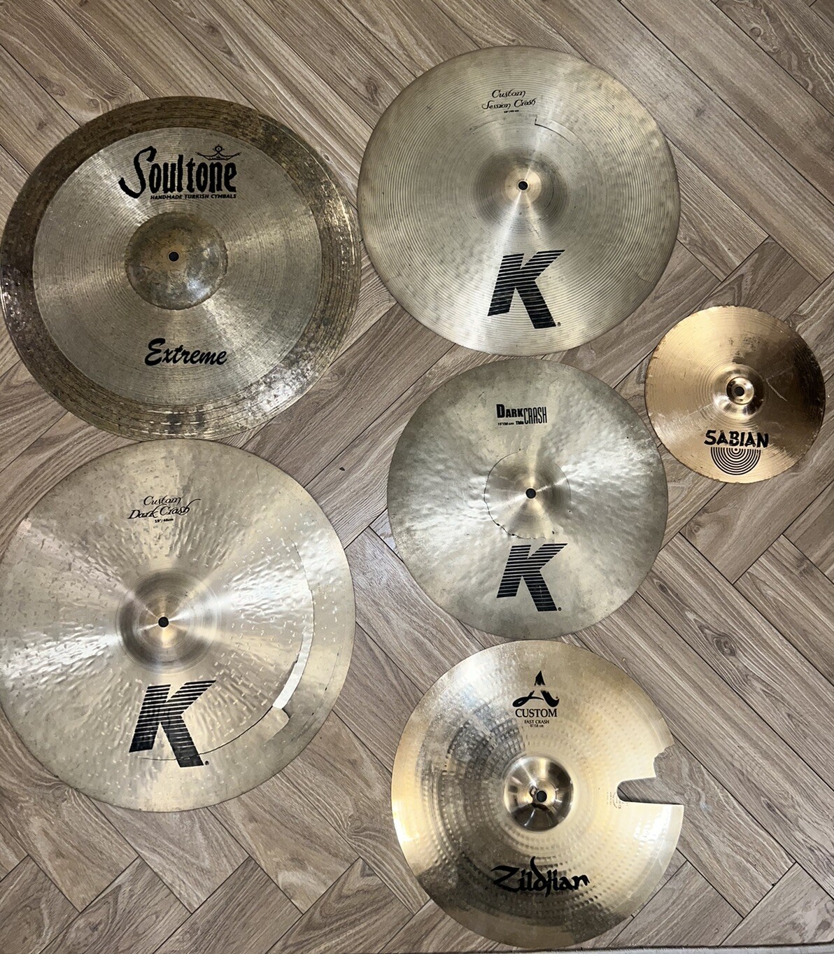 ZILDJIAN CRASH CYMBALS JOB LOT OF 6! DARK K x 3, SABIAN SPLASH AND MORE