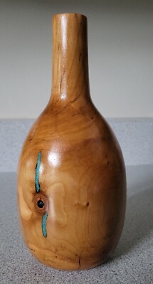 Unique CHERRY wood bud vase with Faux Turquoise Stone Inlay