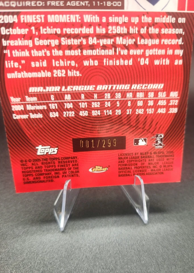 2005 Topps Finest Ichiro Suzuki Refractor Blue FOTL # 1/299 Color Match Gem Mint - Image 4 of 4