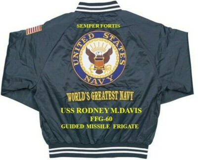 USS RODNEY M.DAVIS FFG-60 MISSILE FRIGATE  EMBROIDERED SATIN JACKET(BACK ONLY)