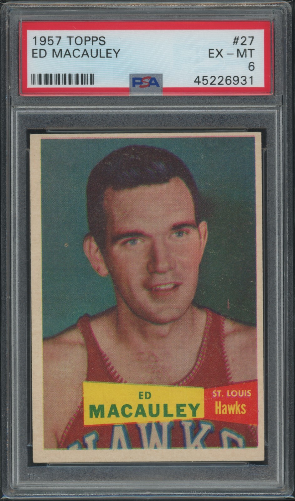 1957-58 Topps #27 Ed Macauley RC Rookie PSA 6 EX-MT HAWKS HOF