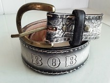 Vtg Hand Tooled Faded Black Leather Belt Sz 38 BOB on Back Horses Mountain Scene