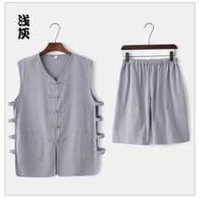 2 Suit Chinese Tang Fu Mandarin Vest Top Men Kung Fu Tai Chi Linen Clothes Pants