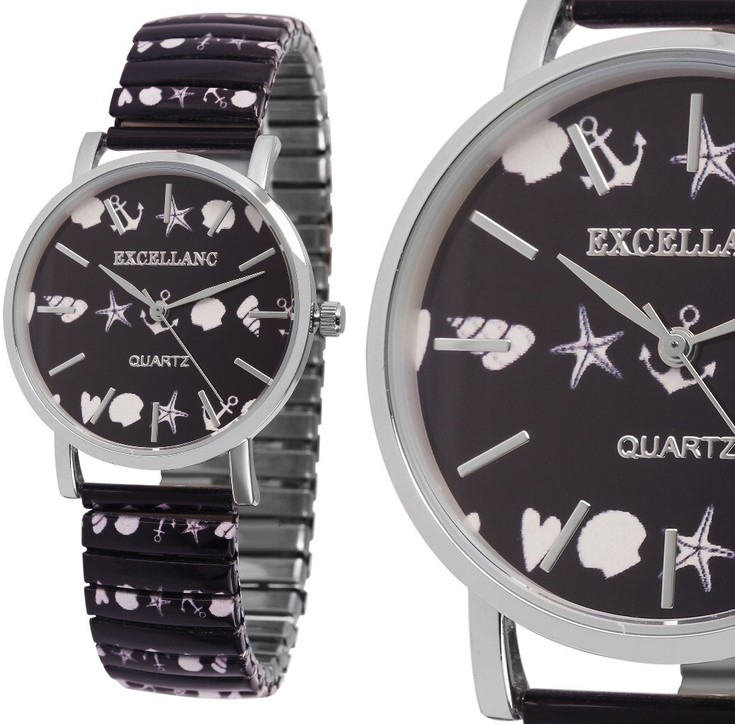 Damen Frauen Uhr Blau Silber Maritim Anker Zugband Stretch Flex Armband  1769-5