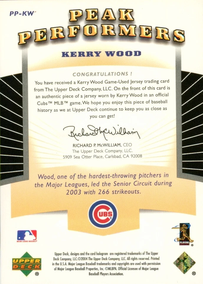 2004 Upper Deck Peak Performers Jersey Gold Kerry Wood KW Cubs - Image 2 of 2