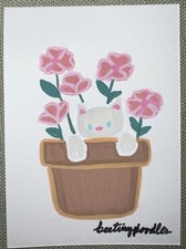 ACEO original White Cat In Flower Pot With Pink Flowers