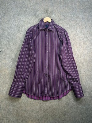 Etro Milano Hemd Herren Größe 42 Lila Weiß 100% Baumwolle Gestreift Made In Italy