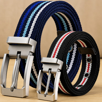 Herren Canvas Gurtband Gürtel Freizeit Stoff Streifen Taillengürtel für Jeans UK