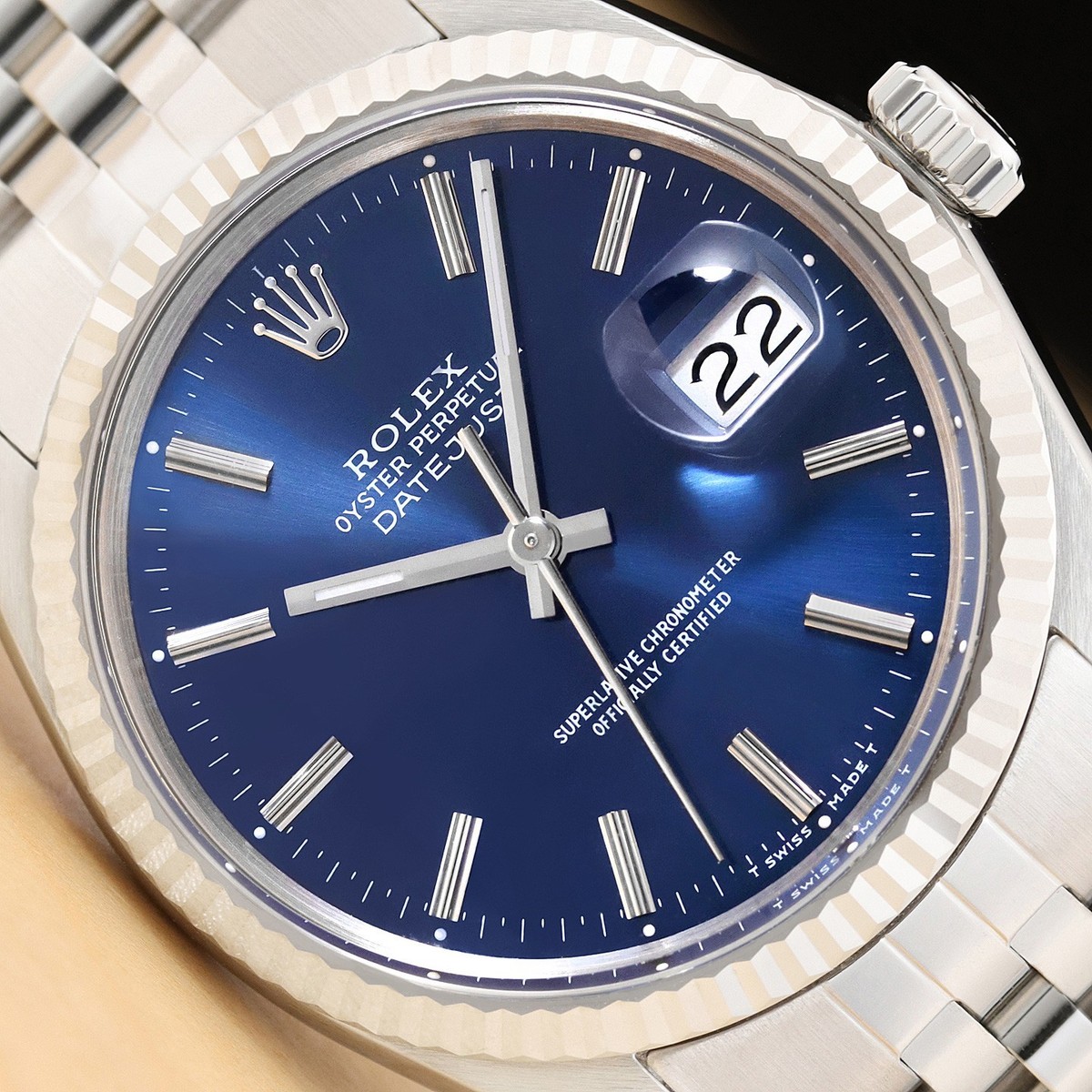 ROLEX MENS DATEJUST 16014 BLUE 18K WHITE GOLD STAINLESS STEEL