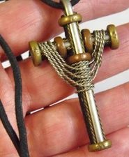 Religious ornate carved wood cross with chains pendant cord necklace