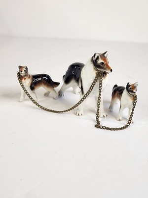 Vintage Collie Dog Porcelain & 2 Pups On Chains Black Brown Mid Century Japan HP