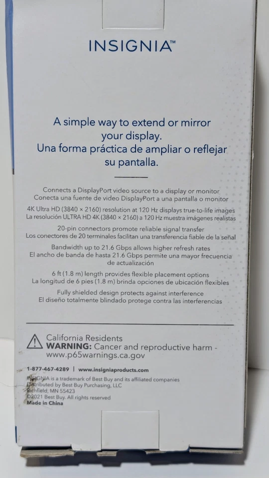 Insignia 6ft Display Port 4K Ultra HD Cable for TVs, Monitors Black Brand New - Image 3 of 3