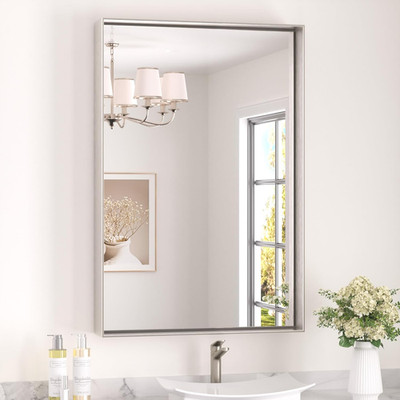 Brushed Nickel Rectangular Bathroom Mirror - Modern Farmhouse Design 24x36 in