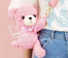 Pink Bear Plush Key Chain Bag Charm Clip, Bow Accent, Fabric  Metal, Women
