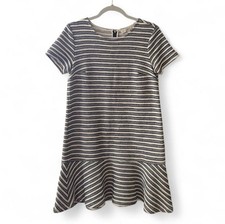 LOFT Womens Blue Striped Textured Short Sleeve Flared Hem Knit Dress Size 6